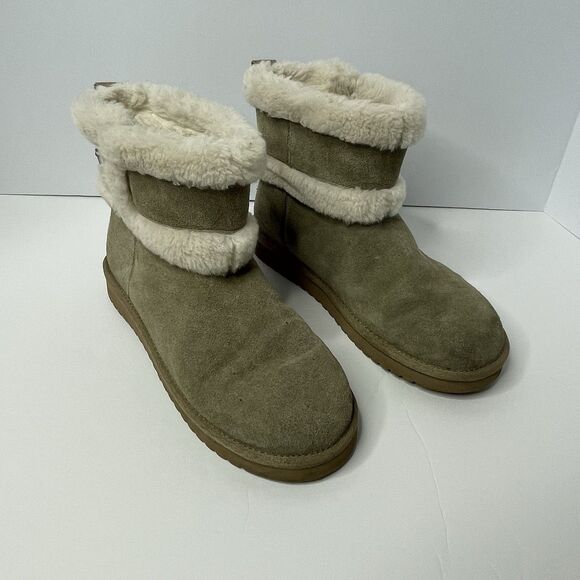 Koolaburra by Ugg Slip On Tan Suede Boots Faux Fur Lining Buckle Women's Sz 7 - Picture 1 of 11